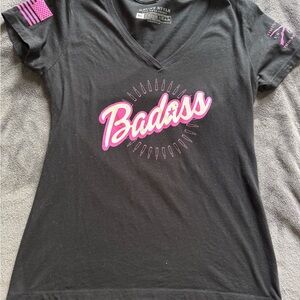 Grunt Style Women's Black V-Neck Tee with Pink "Badass" Script